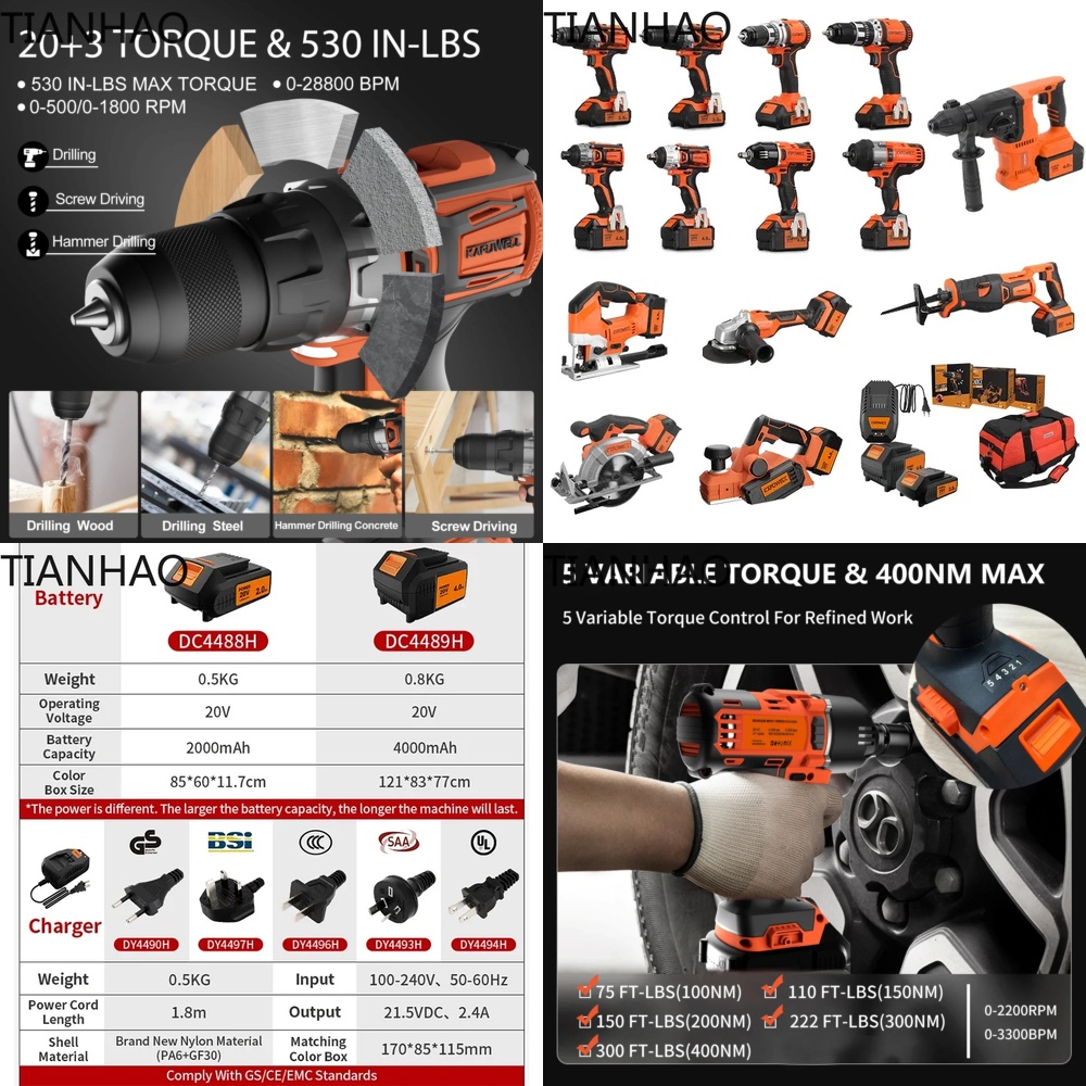 Combo Power Tools - KAFUWELL PA4500 72H 20V Cordless Impact
